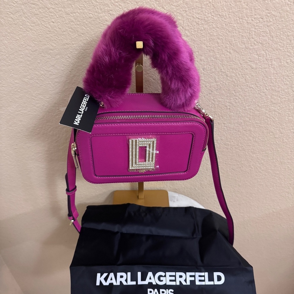 KARL LAGERFELD Simone Clueless Y2K Vibes fuzzy handle magenta logo crossbody bag